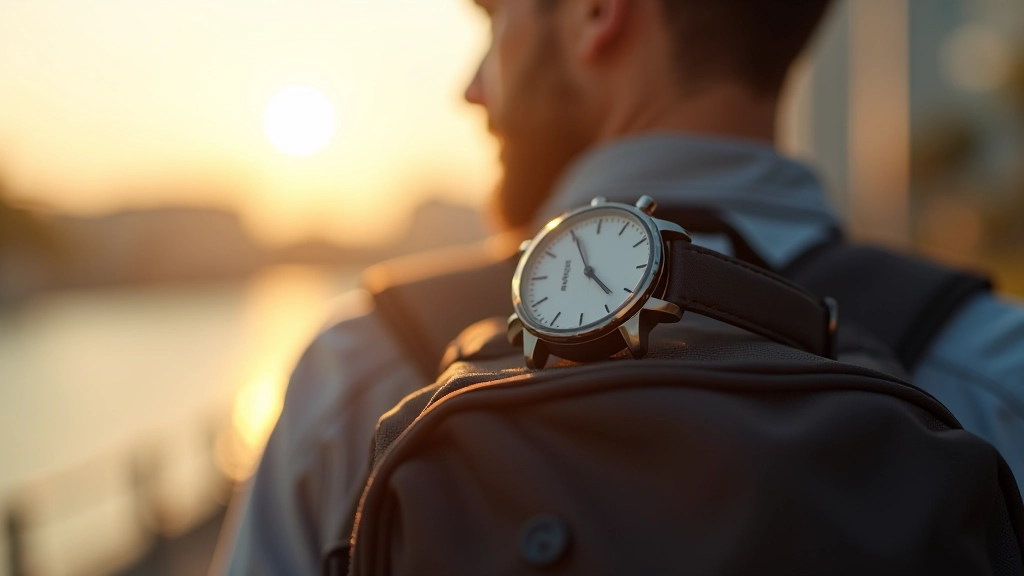 Reloj de pulsera sobre una mochila con el cielo matutino en el fondo