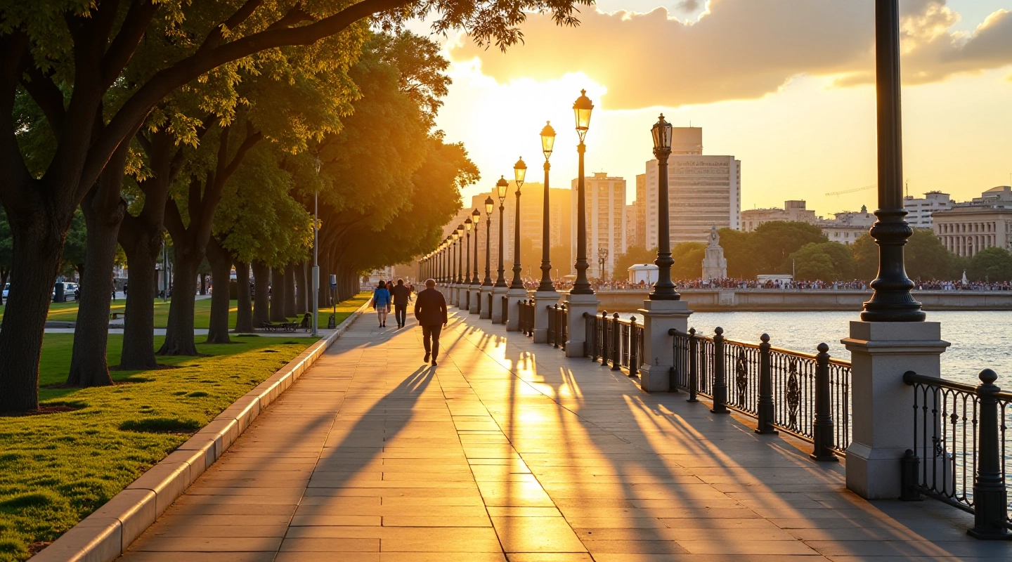 Hermosa costanera con árboles, monumentos históricos y personas disfrutando del paseo