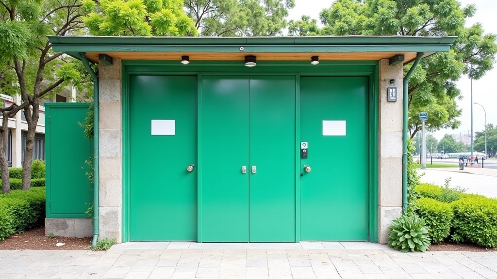 Instalaciones de baño público limpio, puertas verdes, cartel de acceso, área bien mantenida con plantas