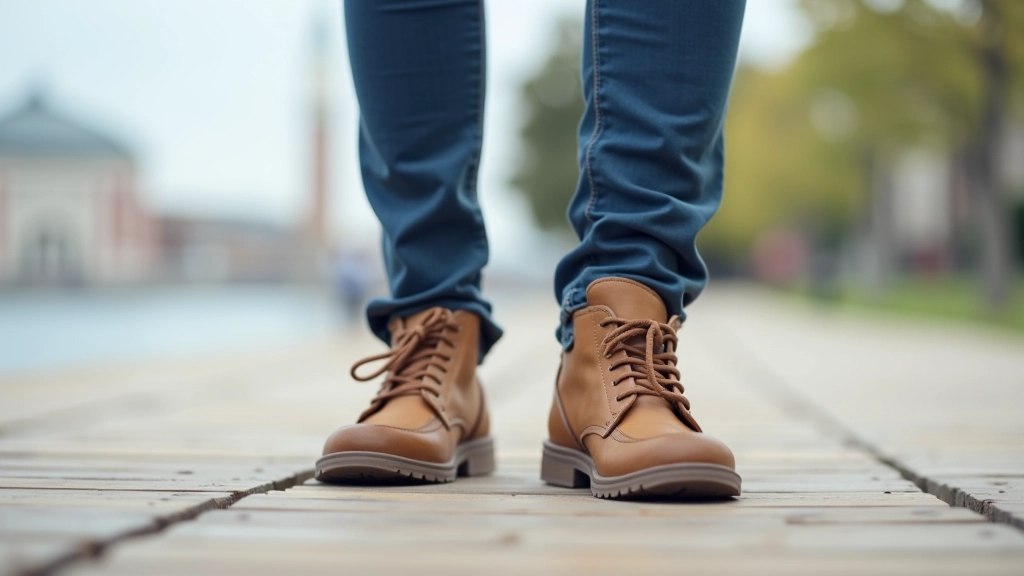 Detalle de zapatillas deportivas cómodas sobre una superficie de madera junto al río