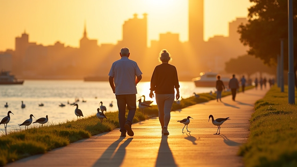 Grupo de personas adultas caminando en la Costanera Sur al atardecer, observando aves acuáticas