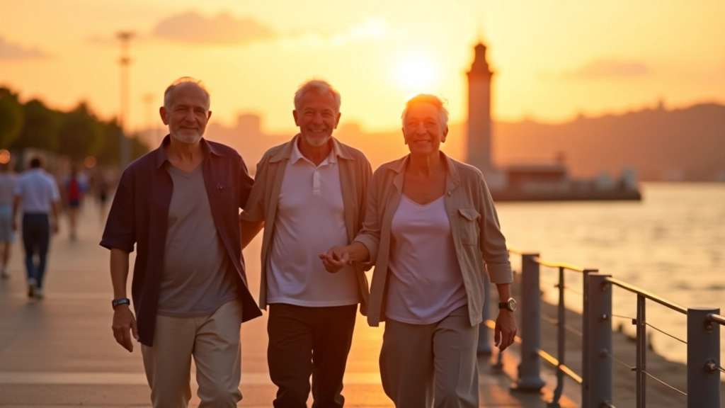 Grupo de jubilados caminando en la costanera durante el atardecer con vista al río