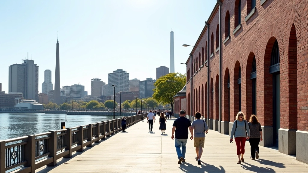 Puerto Madero con edificios restaurados de arquitectura industrial, vista del río, personas caminando en el paseo