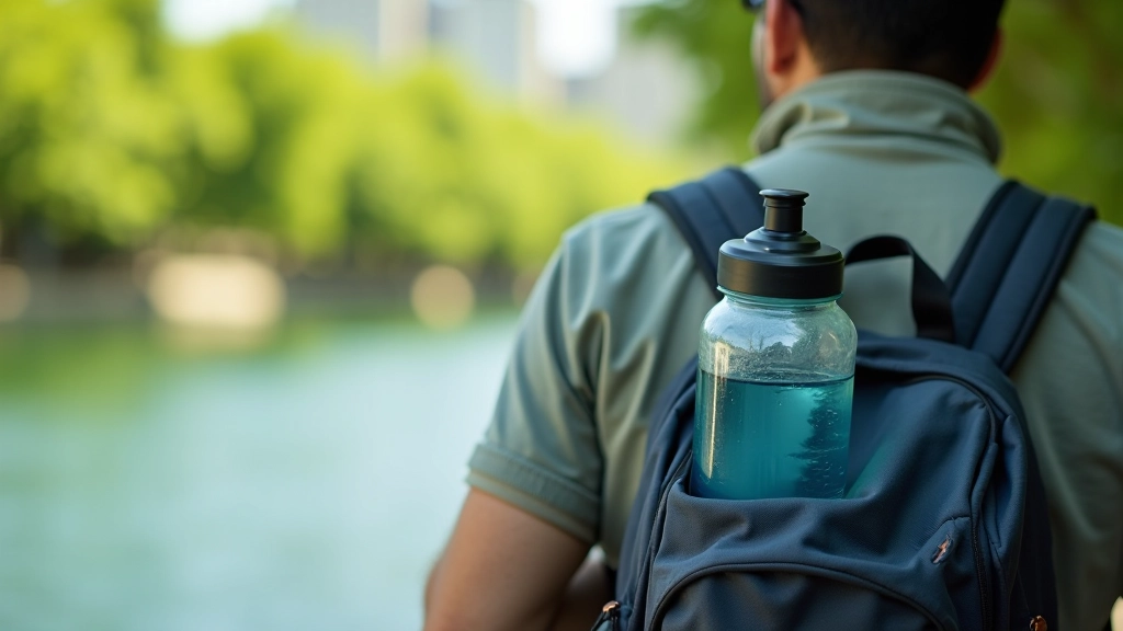 Botella de agua reutilizable sobre una mochila con fondo de río y árboles verdes