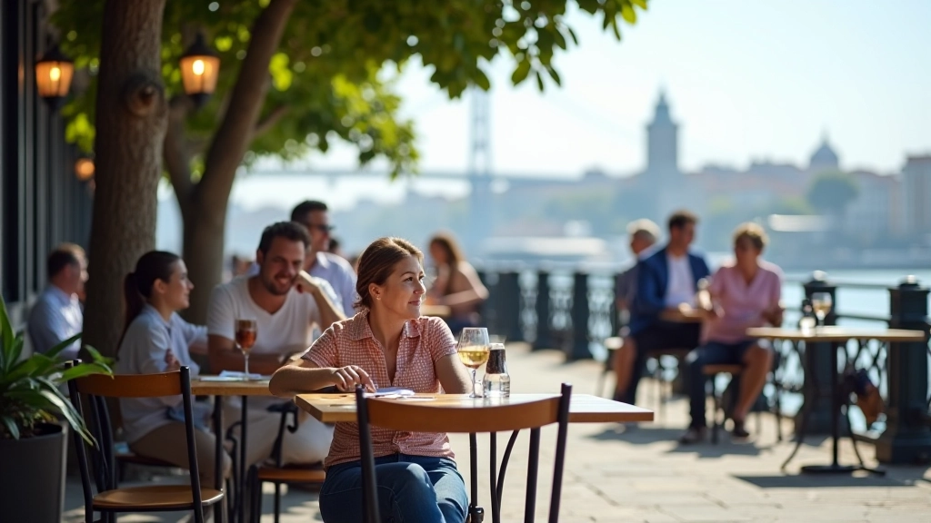 Cafetería pequeña en la Costanera con mesas al aire libre, bebidas en vasos, personas sentadas disfrutando, río al fondo