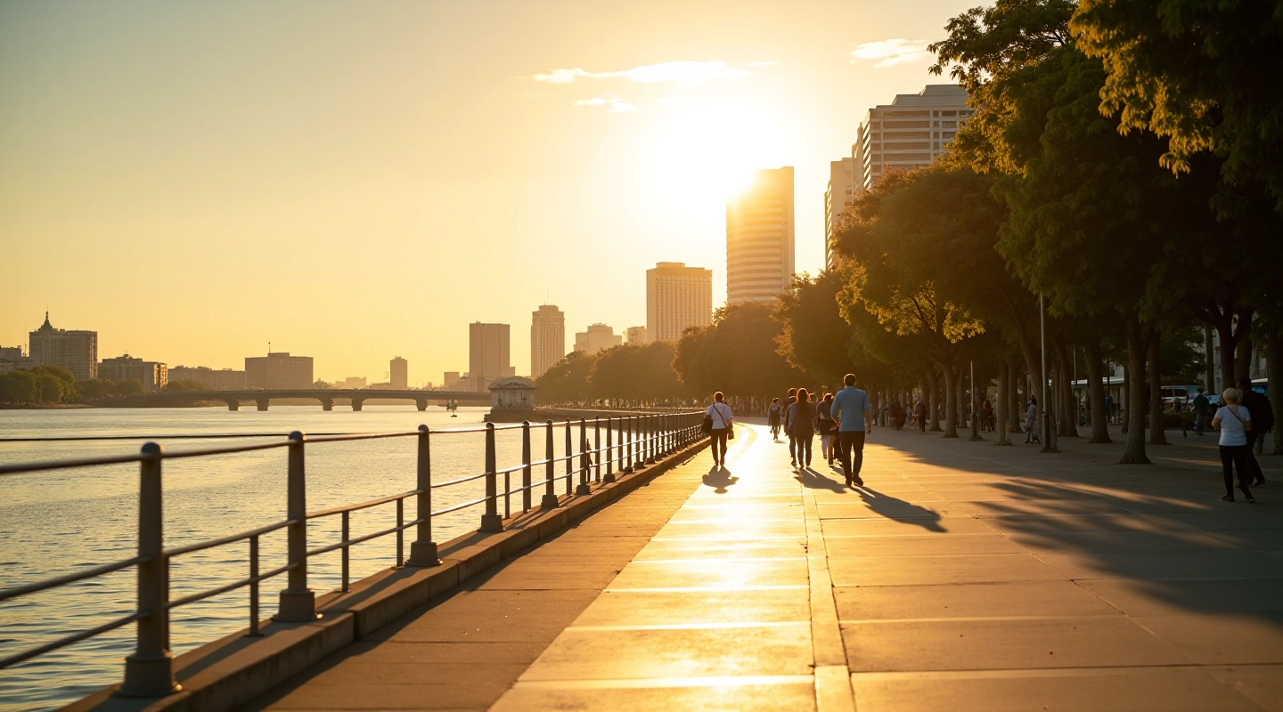 Paseo ribereño al atardecer con personas caminando lentamente cerca del río, árboles verdes y edificios de fondo en Puerto Madero