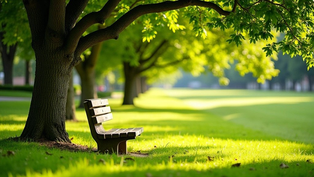 Banco de madera bajo árbol grande con sombra, zona de parque con pasto verde, luz filtrada entre las hojas